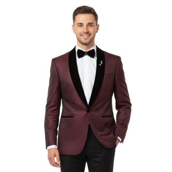 Tazzio Other - Dotten Burgundy Mens Slim-Fit Jacket w/ Velvet Notch Lapel